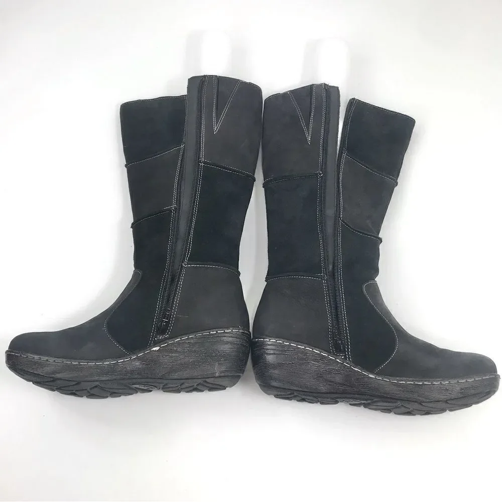 B.O.C. Black Suede Leather Patchwork Side Zip Wedge Heel Tall Boots